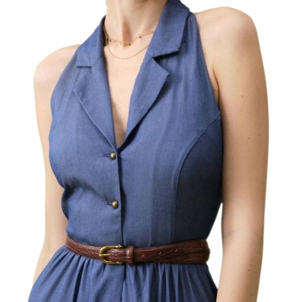 Rihoas The Lapel Sleeveless Midi Dress Womens Small Blue Chambray Button Up - Picture 3 of 12